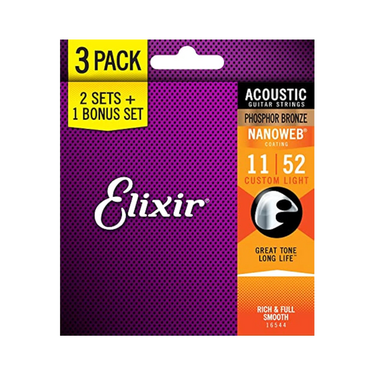 Elixir Acoustic Guitar Strings Nanoweb Phosphor Bronze Custom Light 11-52 (3-Pack)