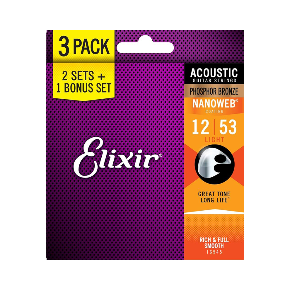 Elixir Acoustic Guitar Strings Nanoweb Phosphor Bronze Light 012