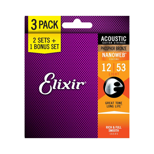 Elixir Acoustic Guitar Strings Nanoweb Phosphor Bronze - Light 012-53 (3-Pack)