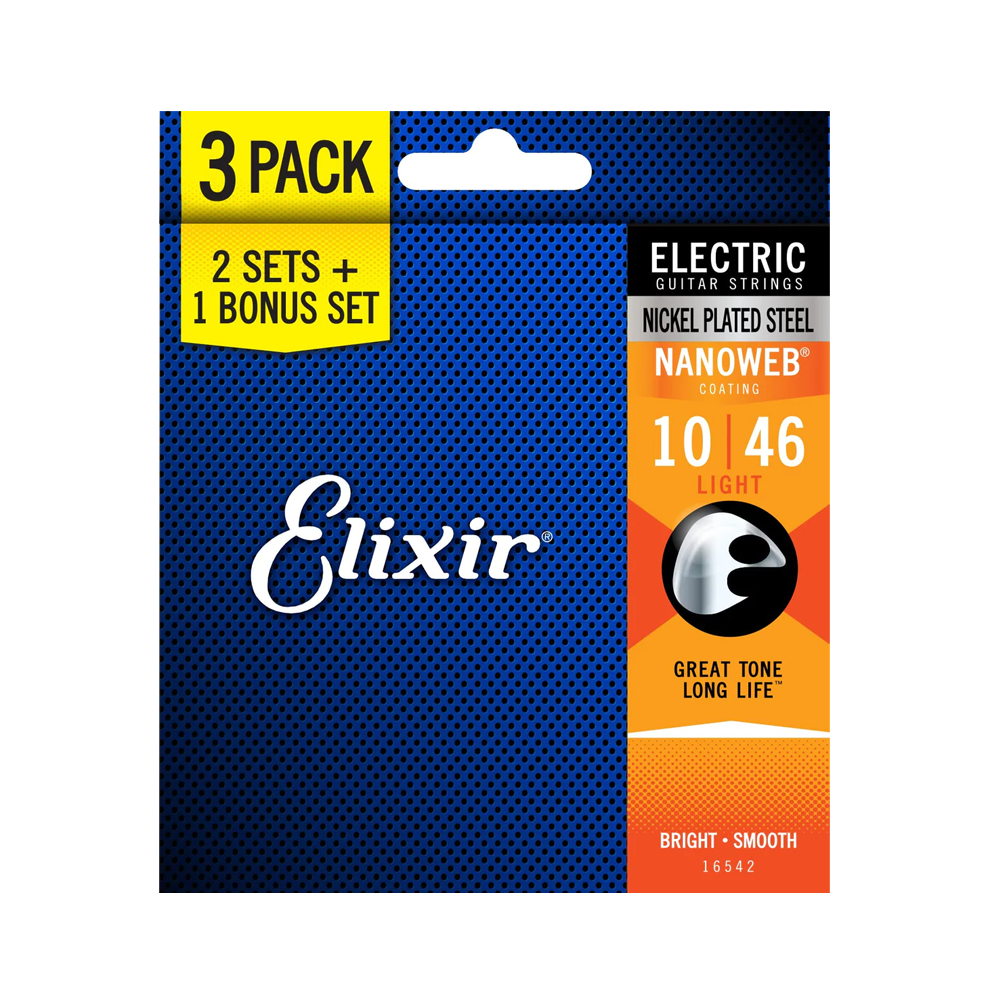 Elixir Electric Guitar Strings Nanoweb Coated - Light  10-46 (3-Pack)