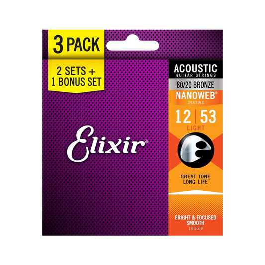 Elixir Acoustic Guitar Strings Nanoweb 80/20 Bronze Strings - Light 12-53 (3-Pack)