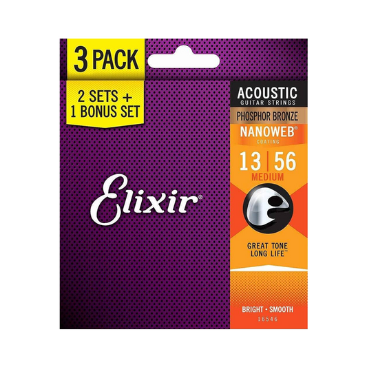 Elixir Acoustic Guitar Strings Nanoweb Phosphor Bronze Medium 13-56 (3-Pack)