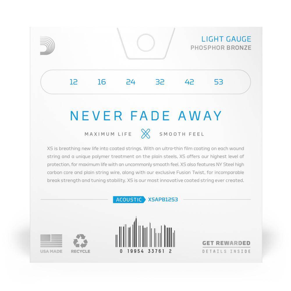 D'Addario XS Acoustic Guitar Strings Phosphor Bronze Light 12-53