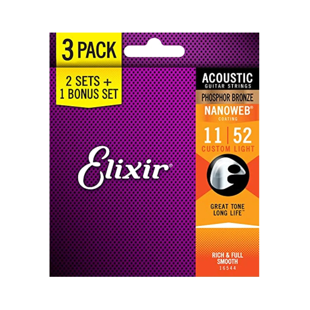 Elixir Acoustic Guitar Strings Nanoweb Phosphor Bronze Custom Light 11-52 (3-Pack) (ON HOLD)